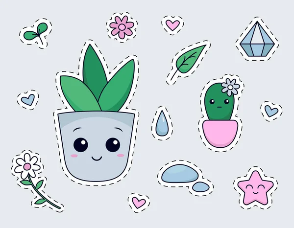 Kawaii ev bitkileri etiketleri mavi arka planda..