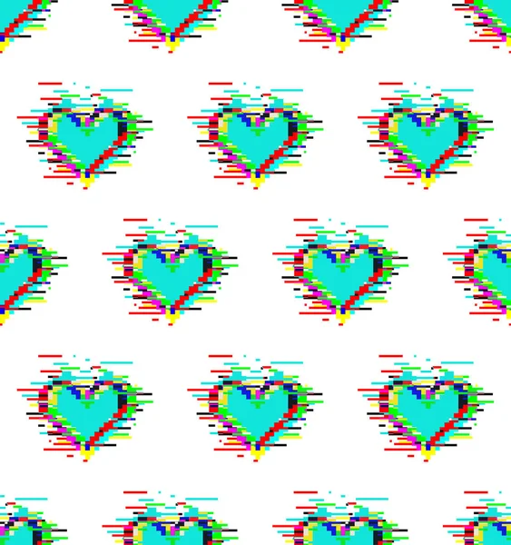 Patrón sin costuras de corazones azules con efecto glitch — Vector de stock