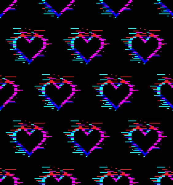 Naadloos patroon van zwarte harten met glitch effect — Stockvector