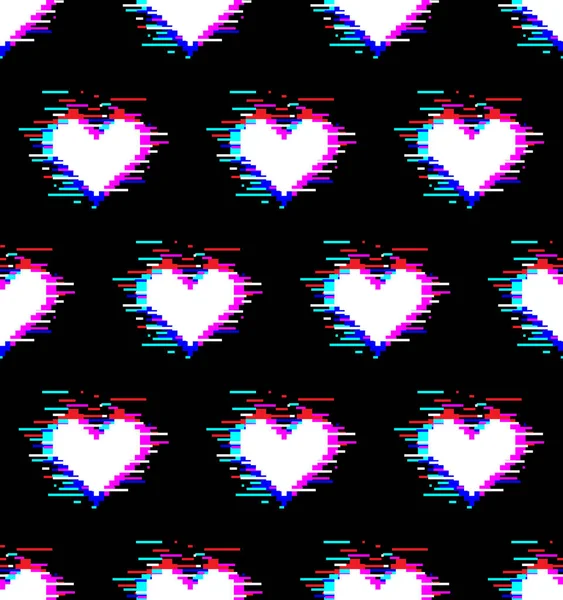 Seamless pattern of white hearts with glitch effect — Stock Vector