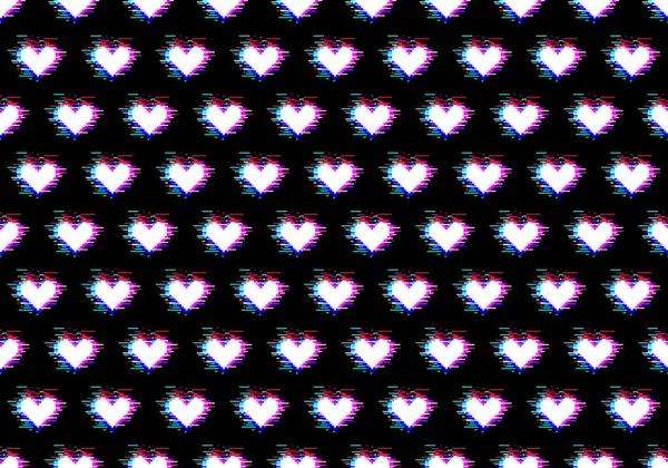 Patrón sin costuras de corazones blancos con efecto glitch — Foto de Stock
