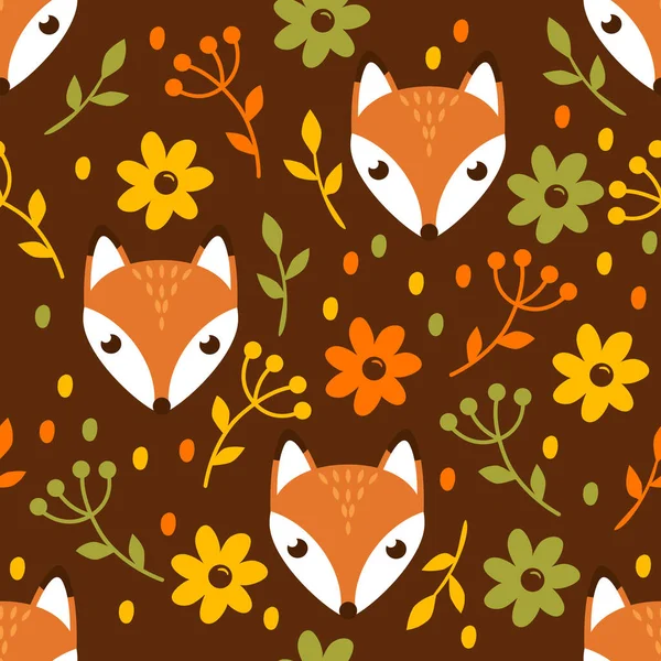 Naadloos patroon met vos en bloemen op bruine achtergrond — Stockvector