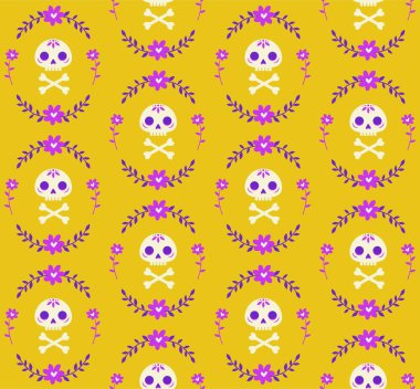 Kafatası ve kemikleri çiçeklerle çevrili kusursuz bir desen.