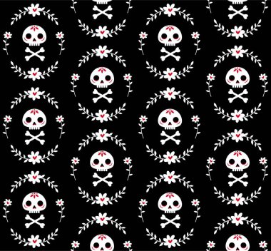 Kafatası ve kemikleri çiçeklerle çevrili kusursuz bir desen.