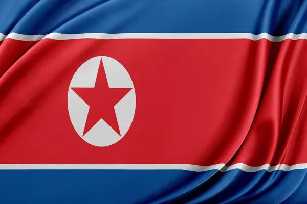 Kuzey Kore bayrağı parlak ipek dokulu. — Stok fotoğraf