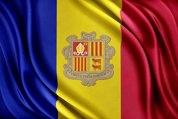 Andorra zászlaja. Zászló és fényes selyem textúra. — Stock Fotó