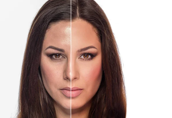 A womans portrait with retouched and without retouching is divided into half of the face. — Stock Photo, Image