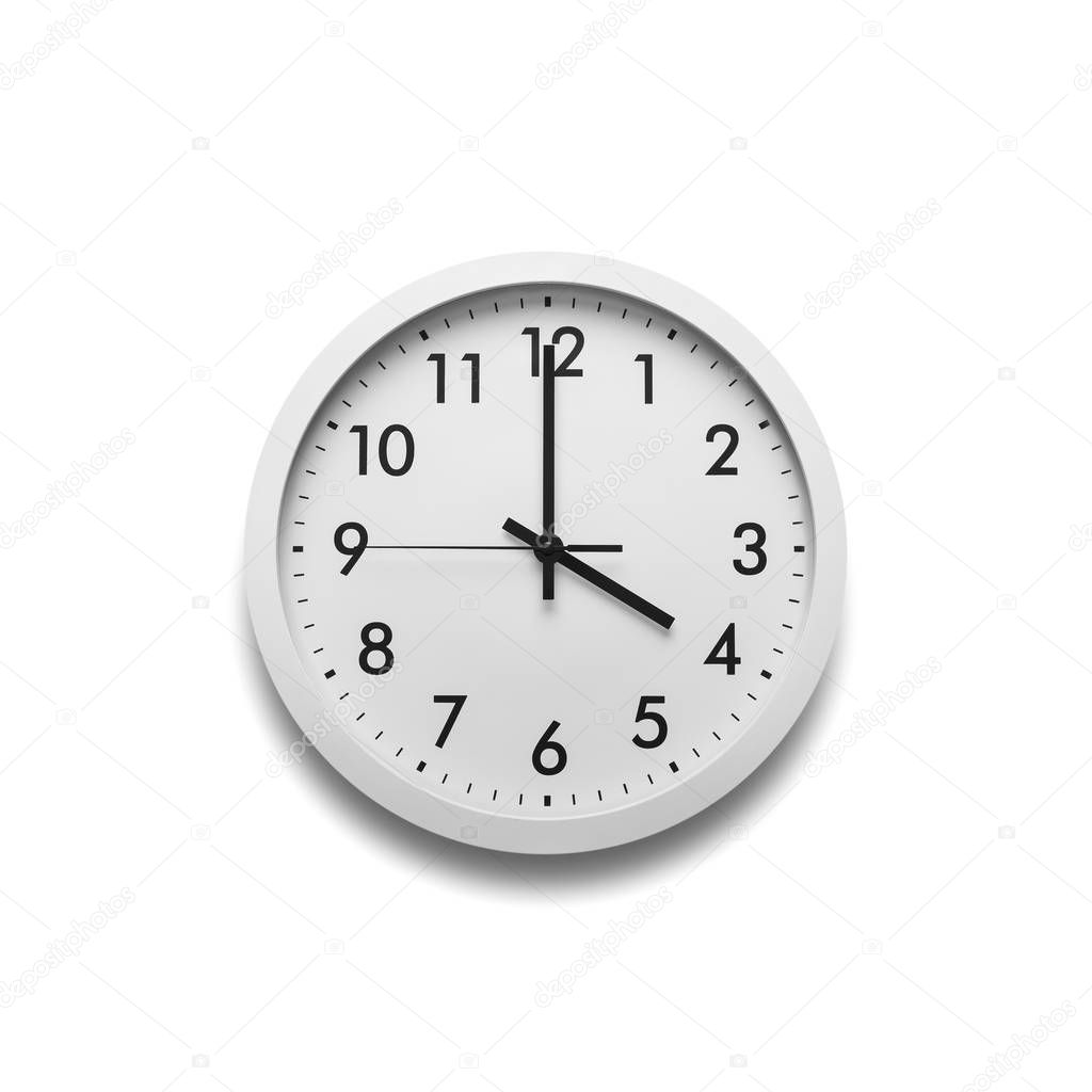 White wall clock isolated on white background. On the clock, four oclock.