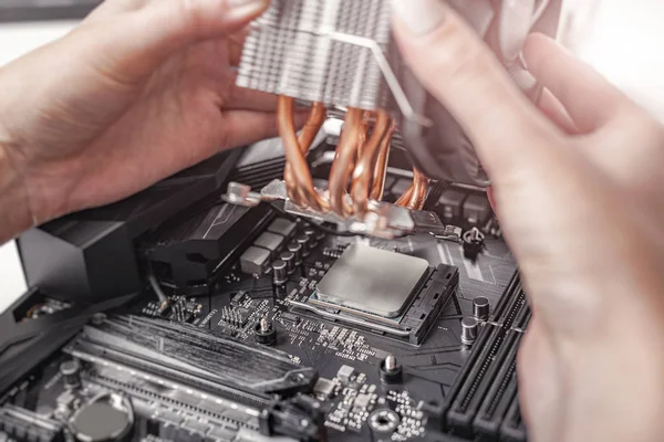 Installazione o riparazione del sistema di raffreddamento ad aria del processore PC. — Foto Stock