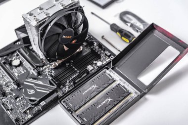 Yüklü soğutucu ve Ram ile anakart. Build a Pc.
