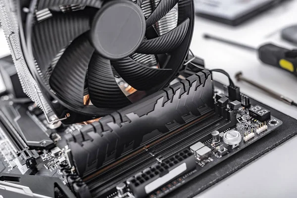 Motherboard, with installed cooler and RAM. — Stock Photo, Image