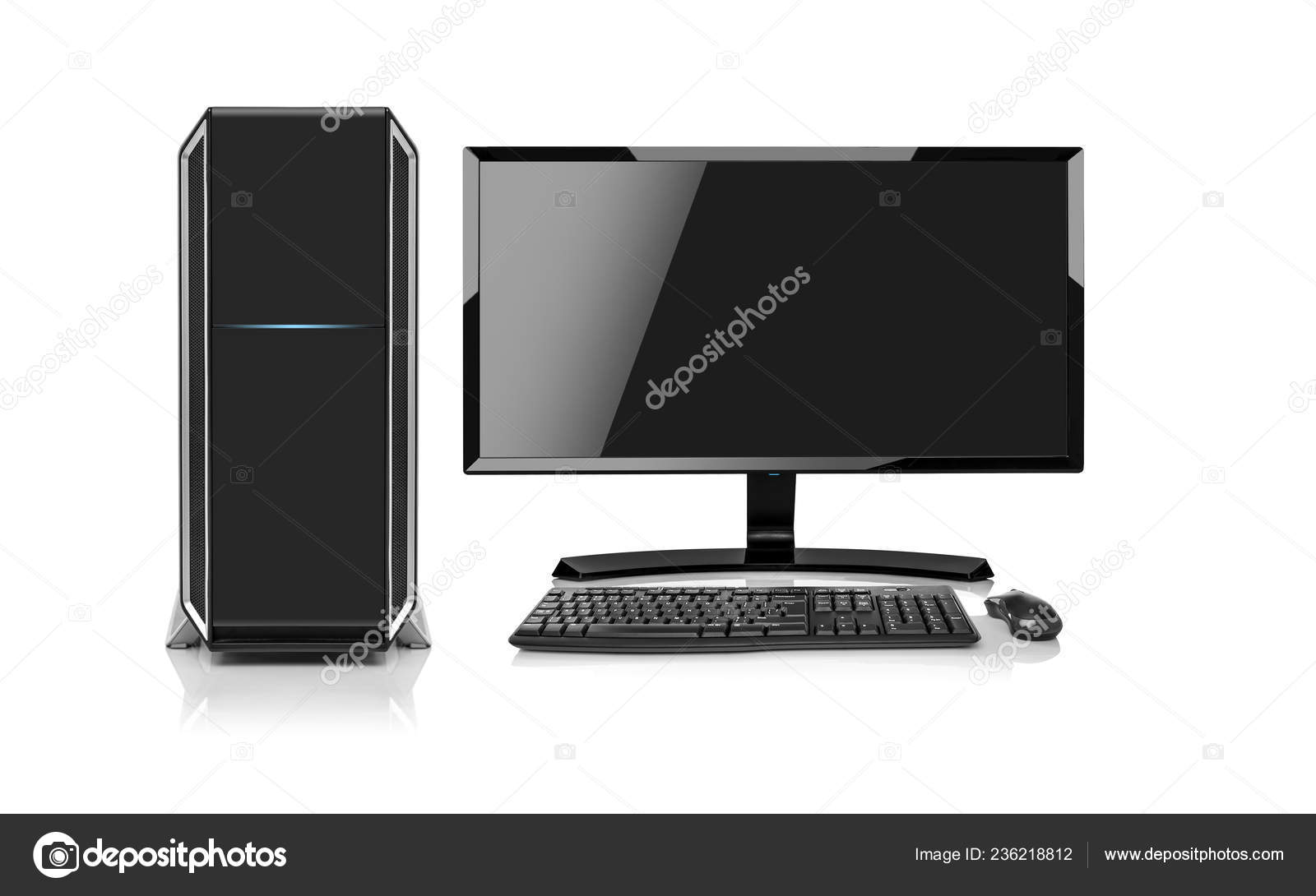 Modern desktop computer with wireless keyboard and mouse. Stock Photo