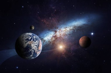 Alanı bulunan bir sarmal gökada arka planı güneş sisteminin gezegenleri.