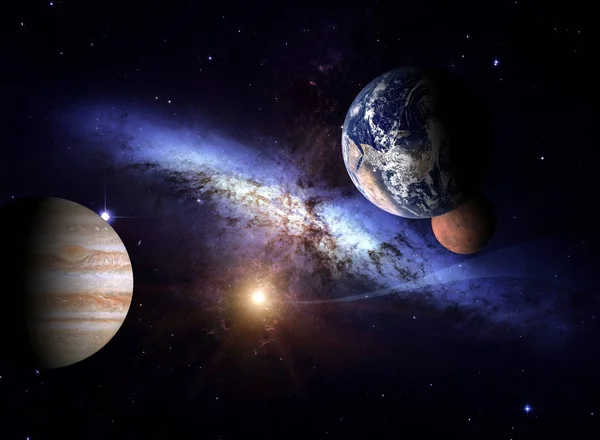 Planetas del sistema solar sobre el fondo de una galaxia espiral en el espacio . — Foto de Stock
