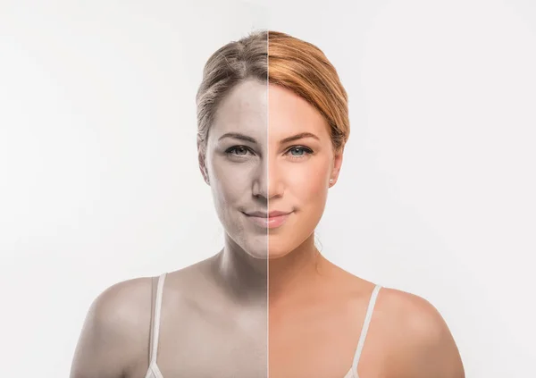 A womans portrait with retouched and without retouching is divided into half of the face. — Stock Photo, Image