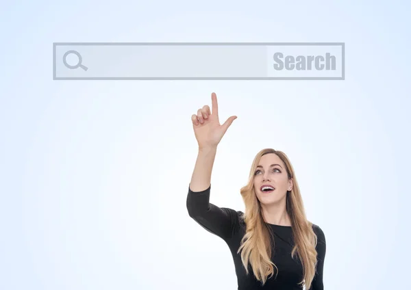 An attractive woman points the finger at the blank line of a virtual search Internet browser. — Stock Photo, Image