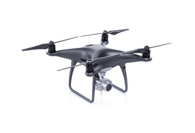 Siyah dron beyaz arka plan üzerinde izole kamera ile.