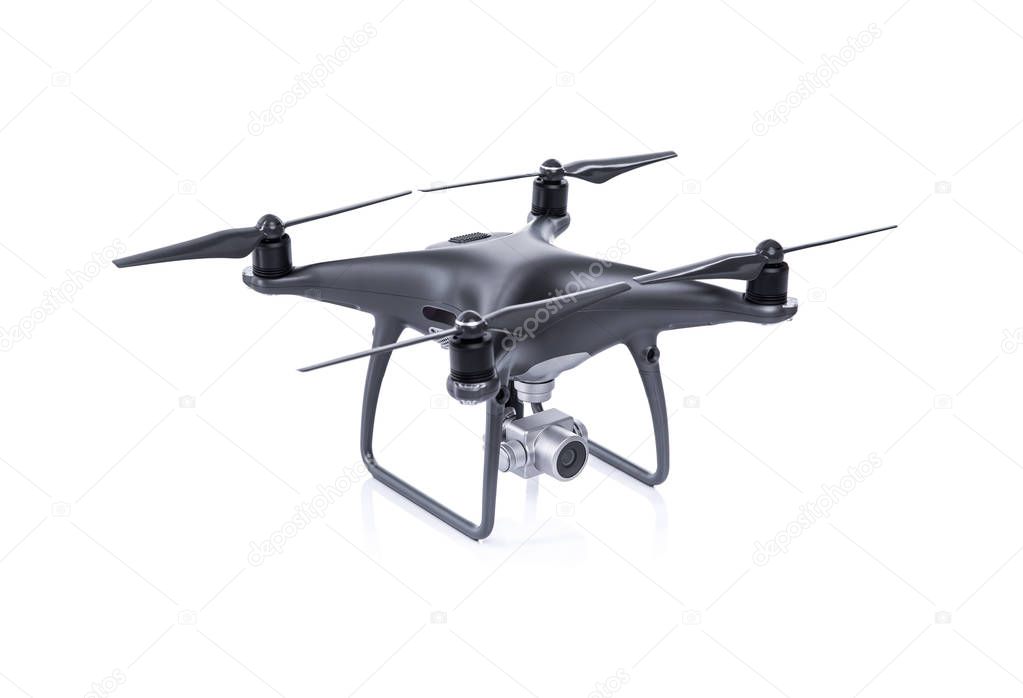 Black drone with camera isolated on white background.