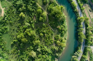 Yol, nehir ve orman havadan görünümü. Drone fotoğraf.