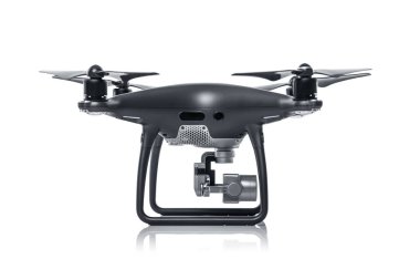 Siyah dron beyaz arka plan üzerinde izole kamera ile.