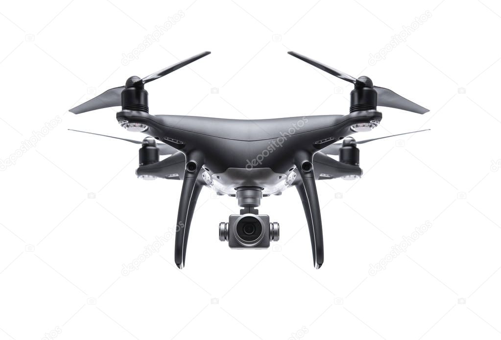 Black drone with camera isolated on white background.