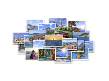 Deniz tatili, seyahat ve yaz aylarında ilginç yerler. Beyaz arka plandaki fotoğrafların kolajı.