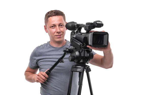 Video camera operator isolated on a white background. — Stock Photo, Image