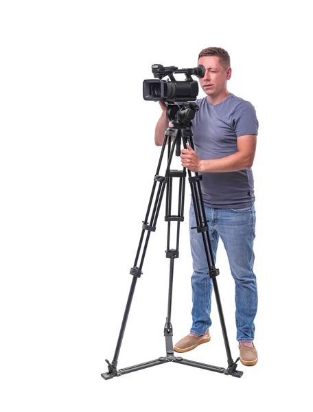 Video camera operator isolated on a white background. — Stock Photo, Image