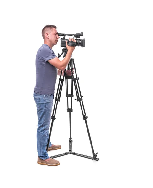 Video camera operator isolated on a white background. — Stock Photo, Image