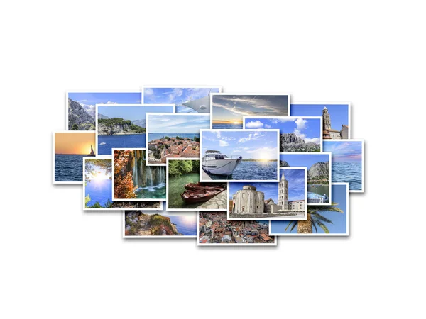 Zee vakantie, reizen en interessante plekken in de zomer. Collage van Foto's op witte achtergrond. — Stockfoto