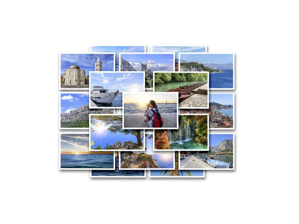 Vacanze al mare, viaggi e luoghi interessanti in estate. Collage di foto su sfondo bianco . — Foto Stock