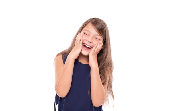 Little girl laughs closing her eyes isolated on a white. — Stock Photo, Image