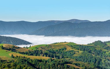Dağ manzarası ve sisli vadi manzarası.