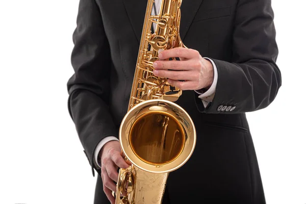 Saksofonista z saksofonem w rękach na białym. — Zdjęcie stockowe