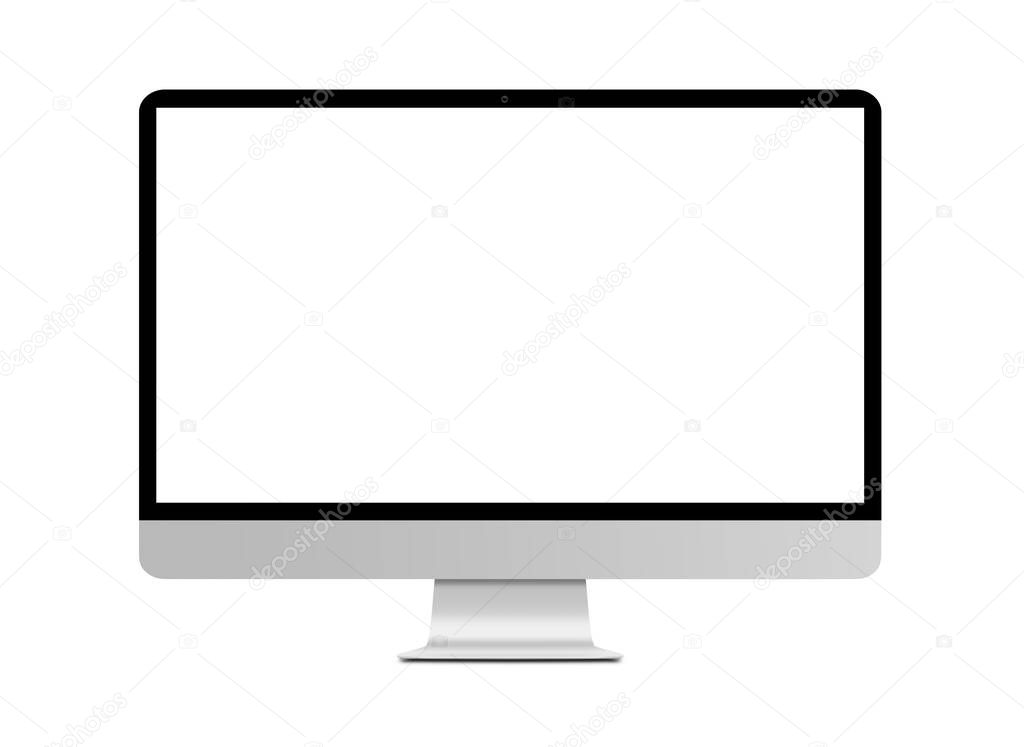 Computer monitor or desktop pc with white screen. Isolated on white background.