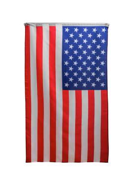 Kırmızı ve beyaz çizgileri olan dikey bir Amerikan bayrağı ve beyaz arka planda asılı yıldızları olan mavi bir kanton..