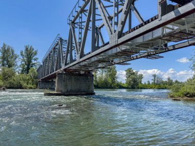 Çelik bir kiriş köprüsü, verimli yeşilliklerle çevrili akan bir nehir boyunca uzanır parlak bir yaz gökyüzü altında. Tisza Nehri. Transcarpathia, Ukrayna.