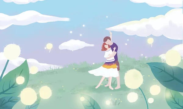 Krásné Ilustrace Mladých Romantický Pár Objímání Zelené Louce — Stock fotografie