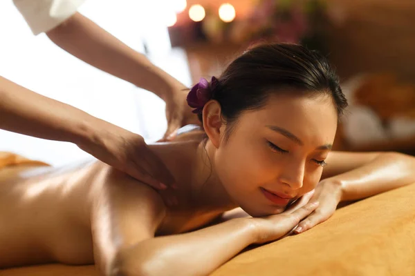 Cropped Shot Attractive Young Asian Woman Closed Eyes Receiving Massage — Stock Photo, Image