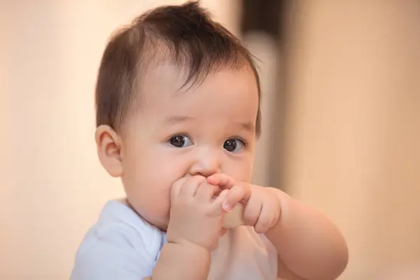 Close View Adorable Asian Infant Baby Eating Home — Stock Photo, Image