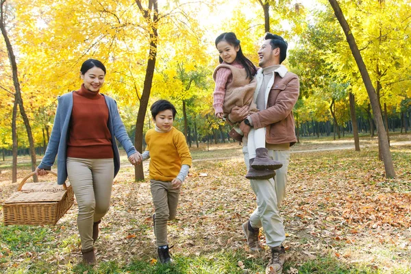 Feliz Joven Asiático Familia Con Picnic Cesta Caminando Otoño Parque —  Fotos de Stock