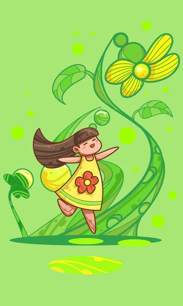 Schöne Kreative Illustration Glücklicher Mädchen Die Der Nähe Gelber Blumen — Stockfoto