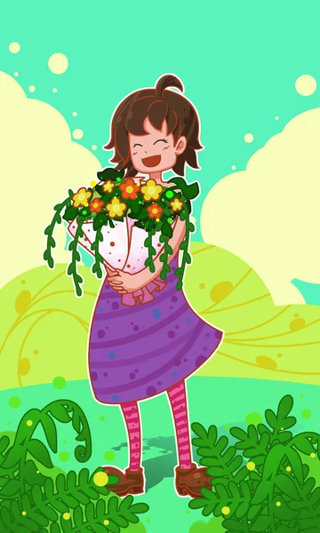 Beautiful Creative Illustration Happy Girl Holding Flower Bouquet Outdoor Springtime — Stock Photo, Image