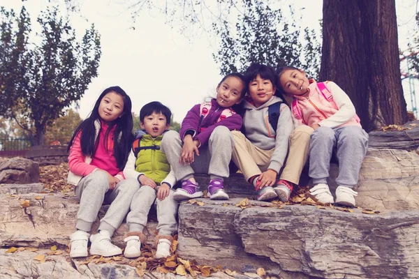 Пять Очаровательных Азиатских Детей Сидящих Камнях Смотрящих Камеру Осеннем Парке — стоковое фото