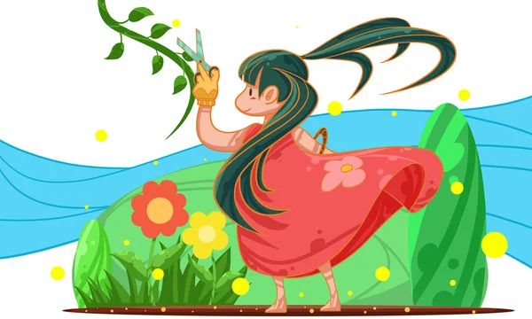 Hermosa Ilustración Creativa Chica Con Tijeras Corte Hojas Verdes Primavera — Foto de Stock