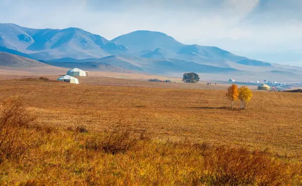 Beautiful Autumnal Landscape Yurts Field Inner Mongolia — Stock Photo, Image