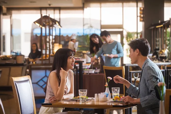 Side View Happy Young Couple Sitting Table Talking Restaurant — Stock Photo, Image