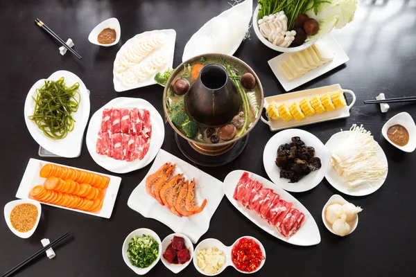 Top View Various Ingredients Copper Hot Pot Chafing Dish Concept — Stock Photo, Image