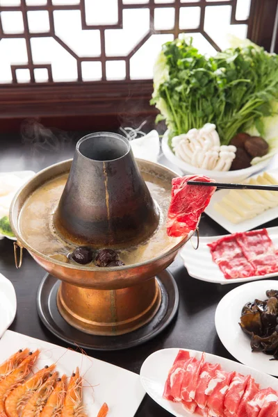 Close View Chopsticks Meat Copper Hot Pot Chafing Dish Concept — Stock Photo, Image