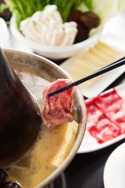 Close View Chopsticks Meat Copper Hot Pot Chafing Dish Concept — Stock Photo, Image